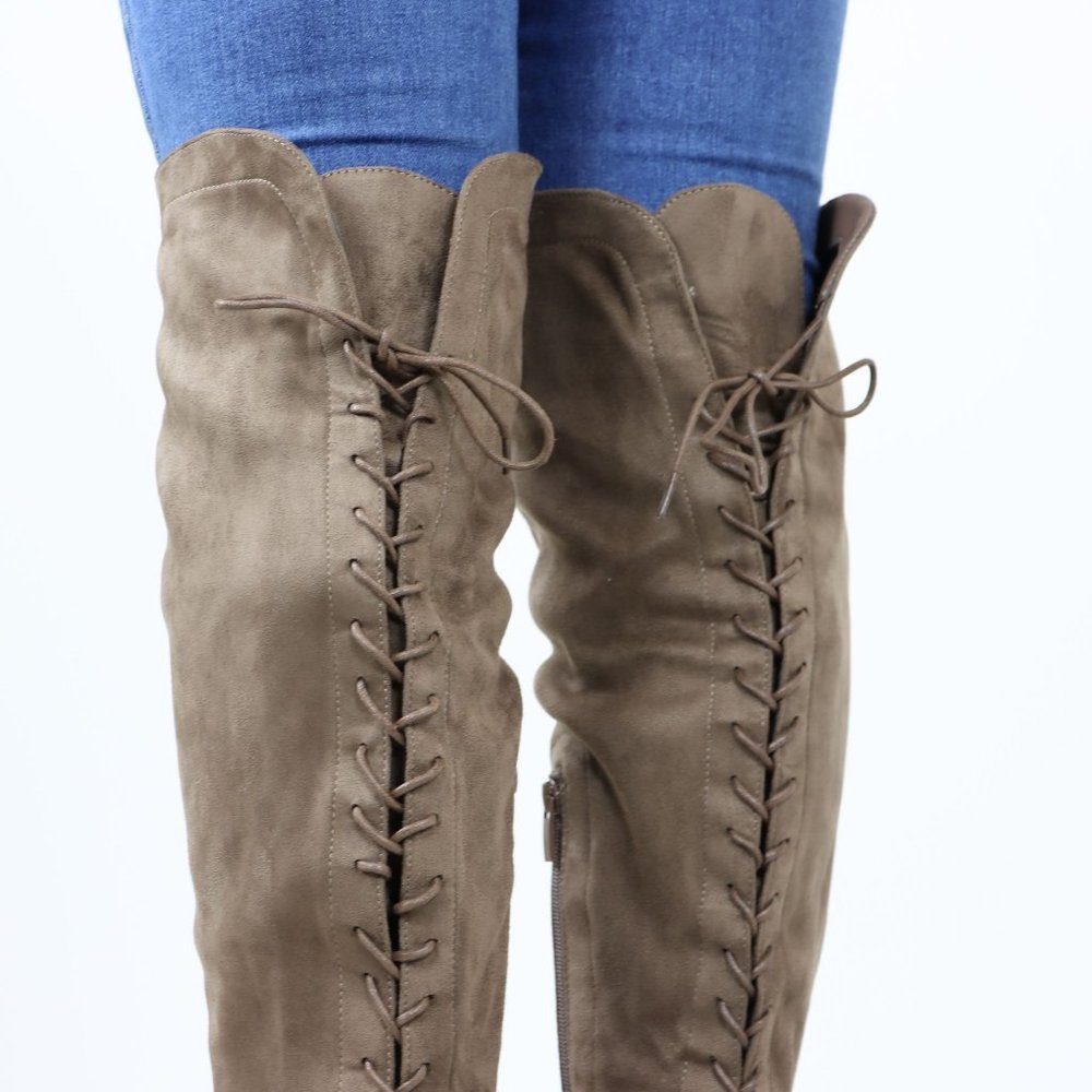 Full Lace-Up Back Taupe Faux Suede Thigh High Over The Knee Lug Block Heeled Boo - Picture 13 of 14